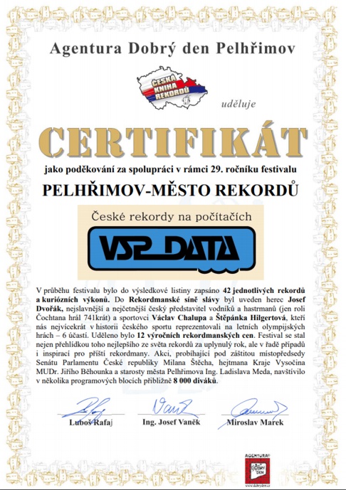 Poděkování za spolupráci na festivalu Pelhřimov - město rekordů 2019