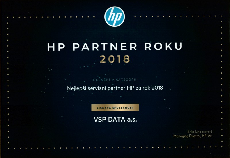 VSP DATA a.s. nejlepší servisní partner HP v roce 2018