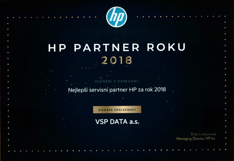 VSP DATA a.s. nejlepší servisní partner HP v roce 2018